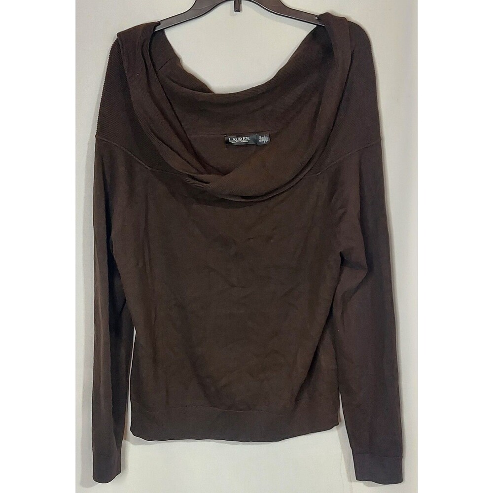 Ralph Lauren Sweater Womens 1X XL Brown Knit Draped Cowl Neck Keyhole Pullover